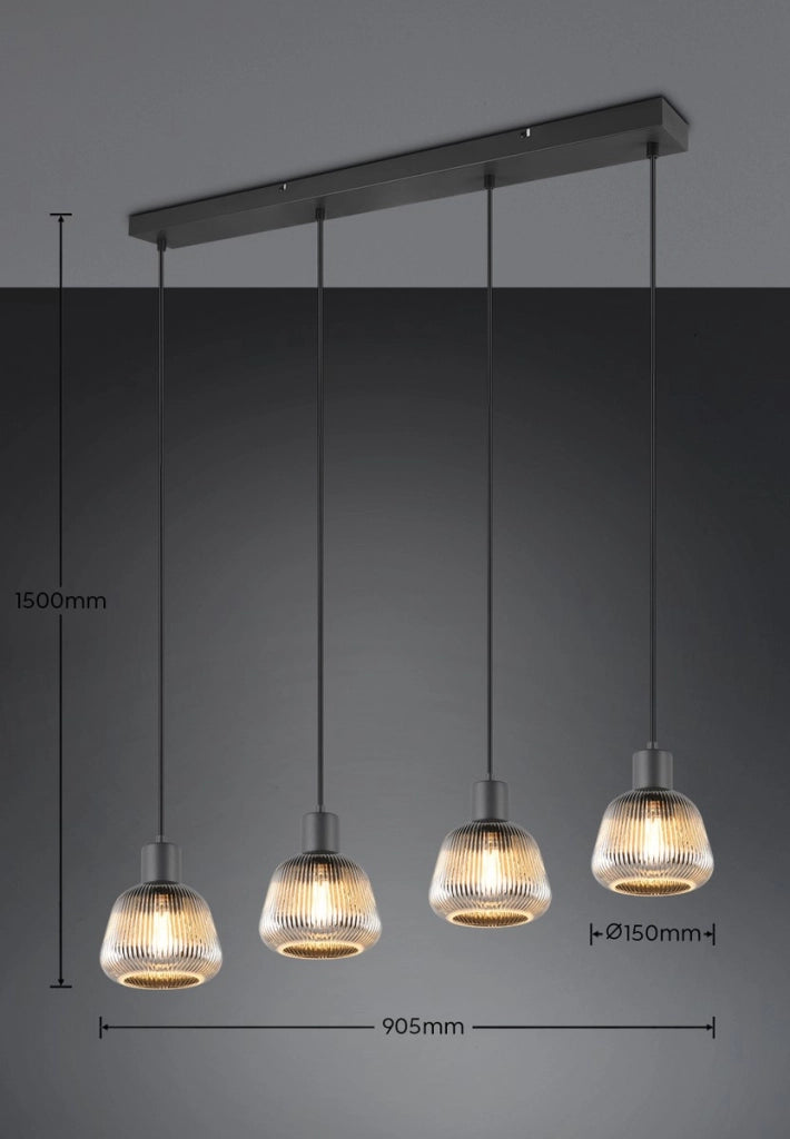 Lampada a sospensione retro nera 4xE27 vetro Trio Tarifa