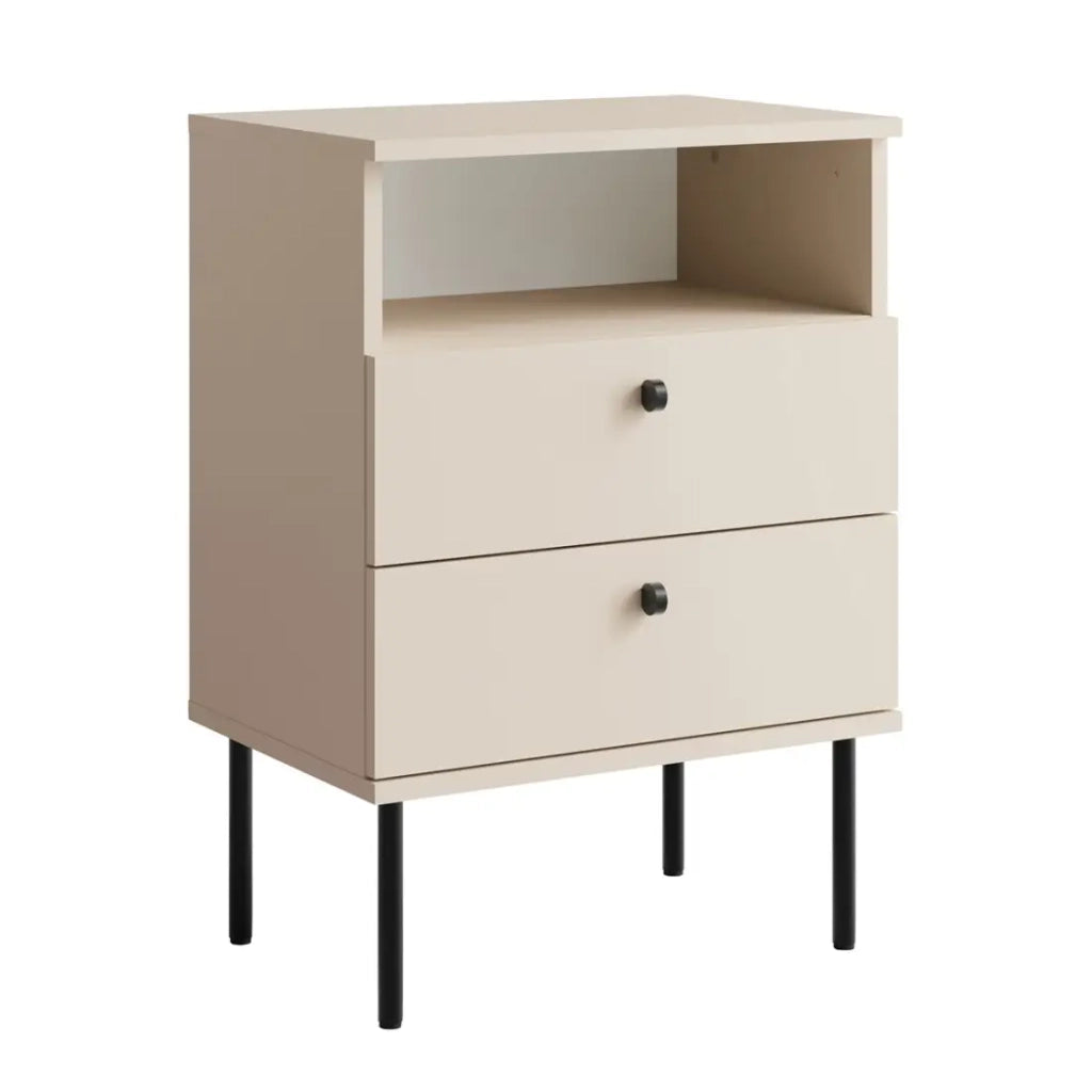 Tavolino da Notte 2 Cassetti con Vanetto – Color beige – Piedi dritti e maniglie nere – Collezione Aurora