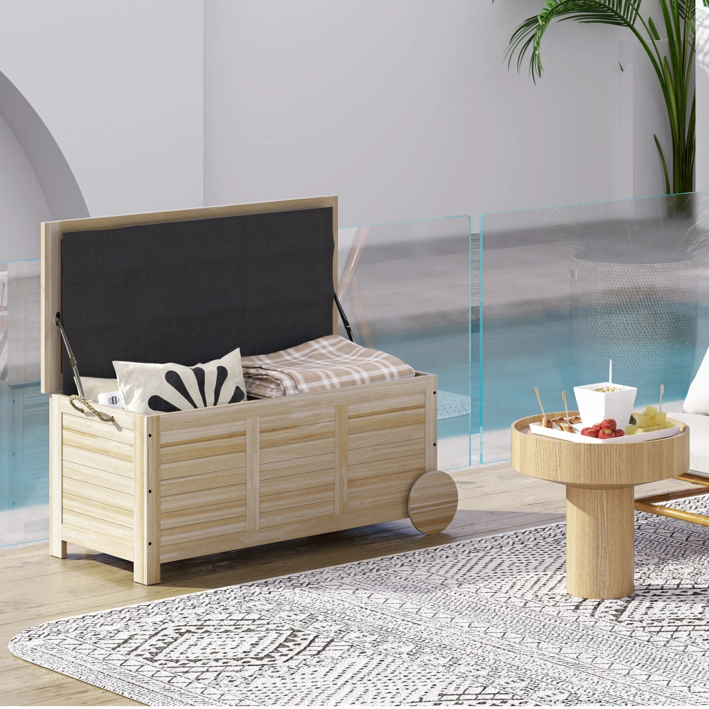Baule Cassapanca da Esterno 110x50x50 cm a 2 Ruote con Telo Interno in Legno di Abete