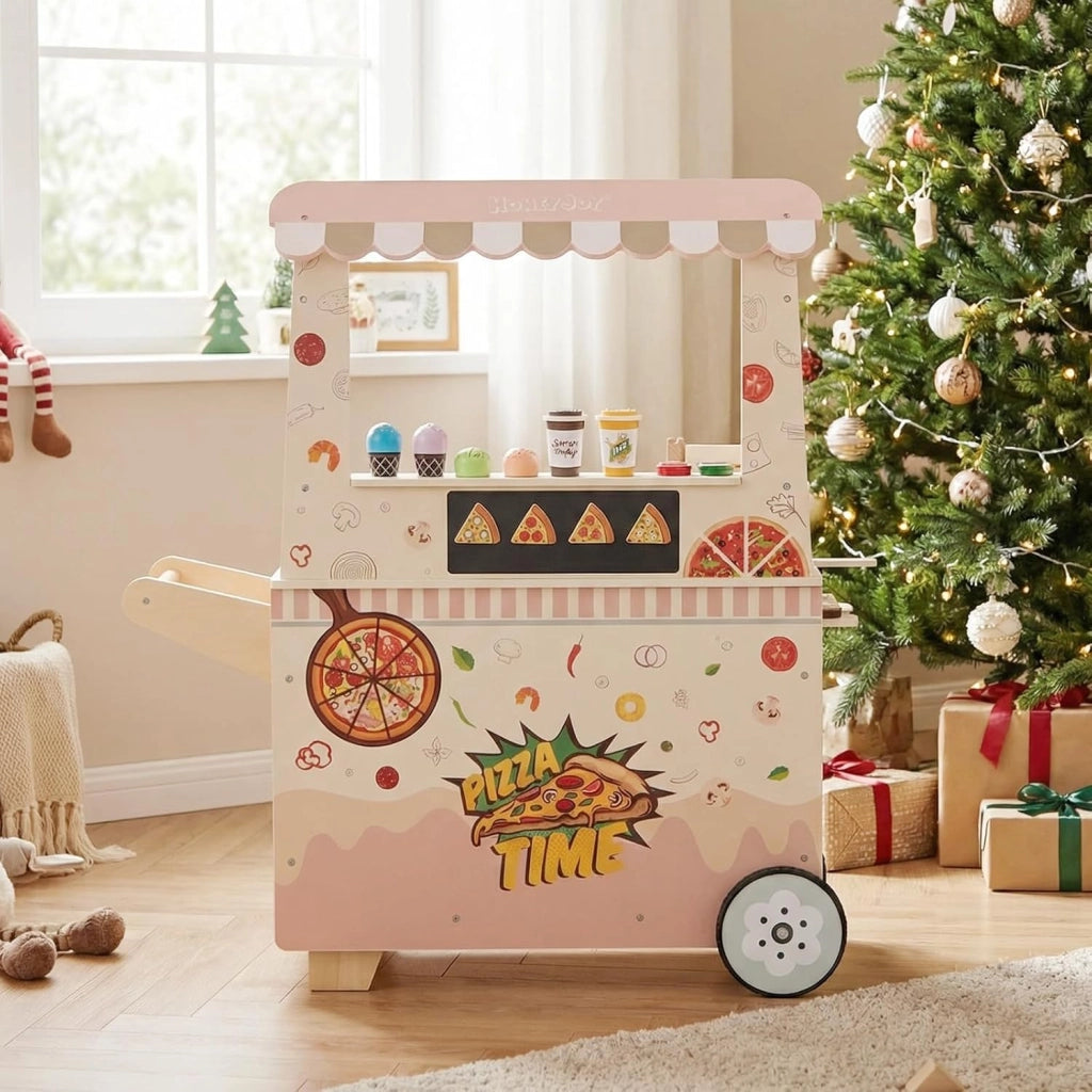 Carrello Pizza Giocattolo per Bambini, Carrello Gelato in Legno con Ruote, Distributore Automatico, Espositore e 41 Accessori, Centro Attività Montessori per Bambini 3+ Anni, 81 x 33 x 88 cm