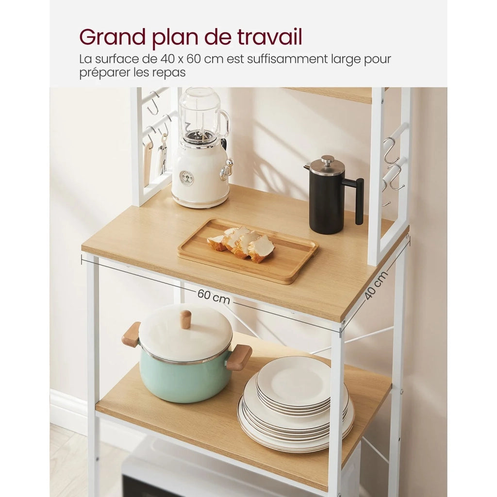 Scaffale da cucina con ripiani portaoggetti 6 ganci struttura in metallo per utensili forno a microonde stile industriale 80 x 40 x 167 cm bianco 12_0005645