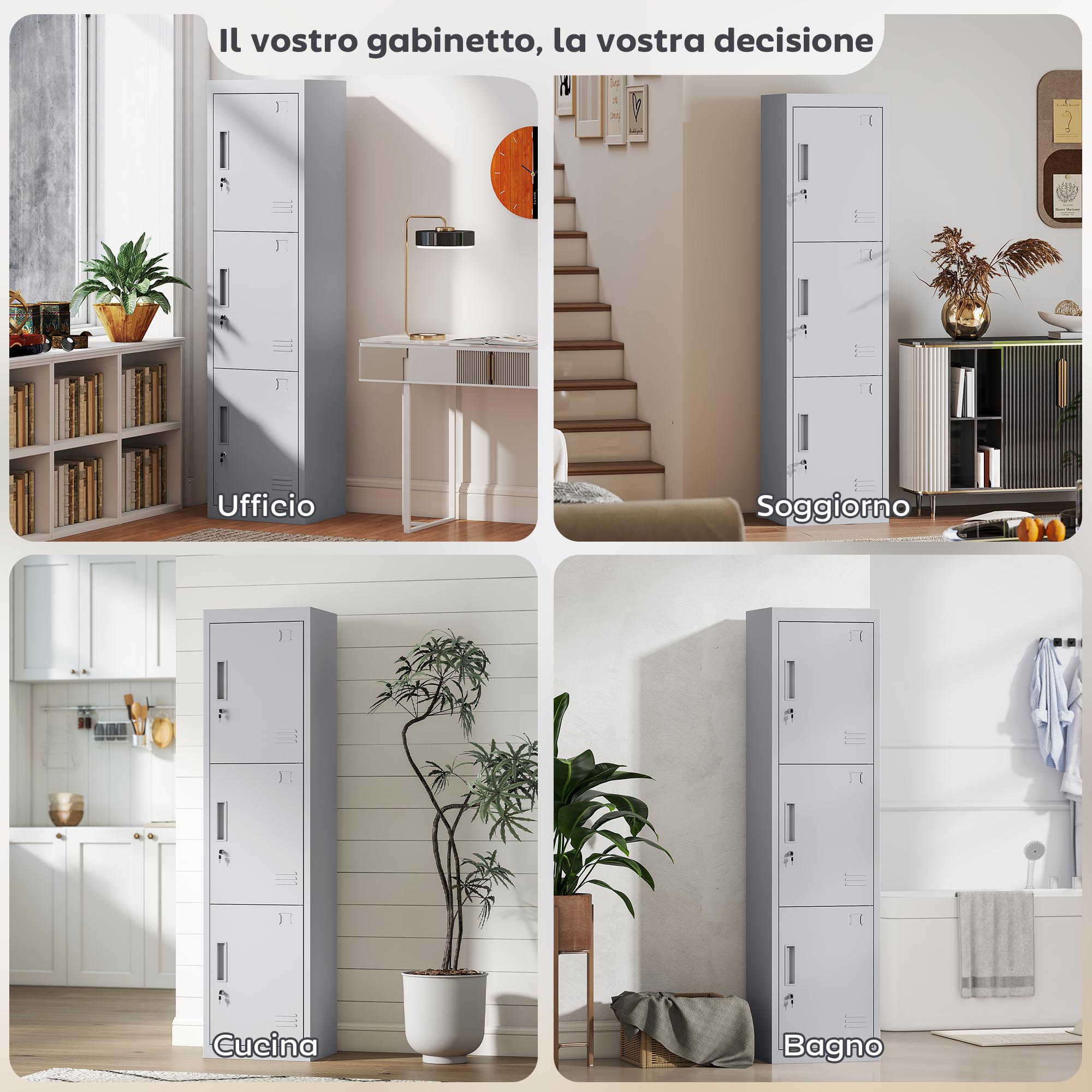 Armadio per Ufficio 45x38x180 cm a 3 Porte Indipendenti con Serratura e 2 Chiavi in Acciaio Grigio Chiaro