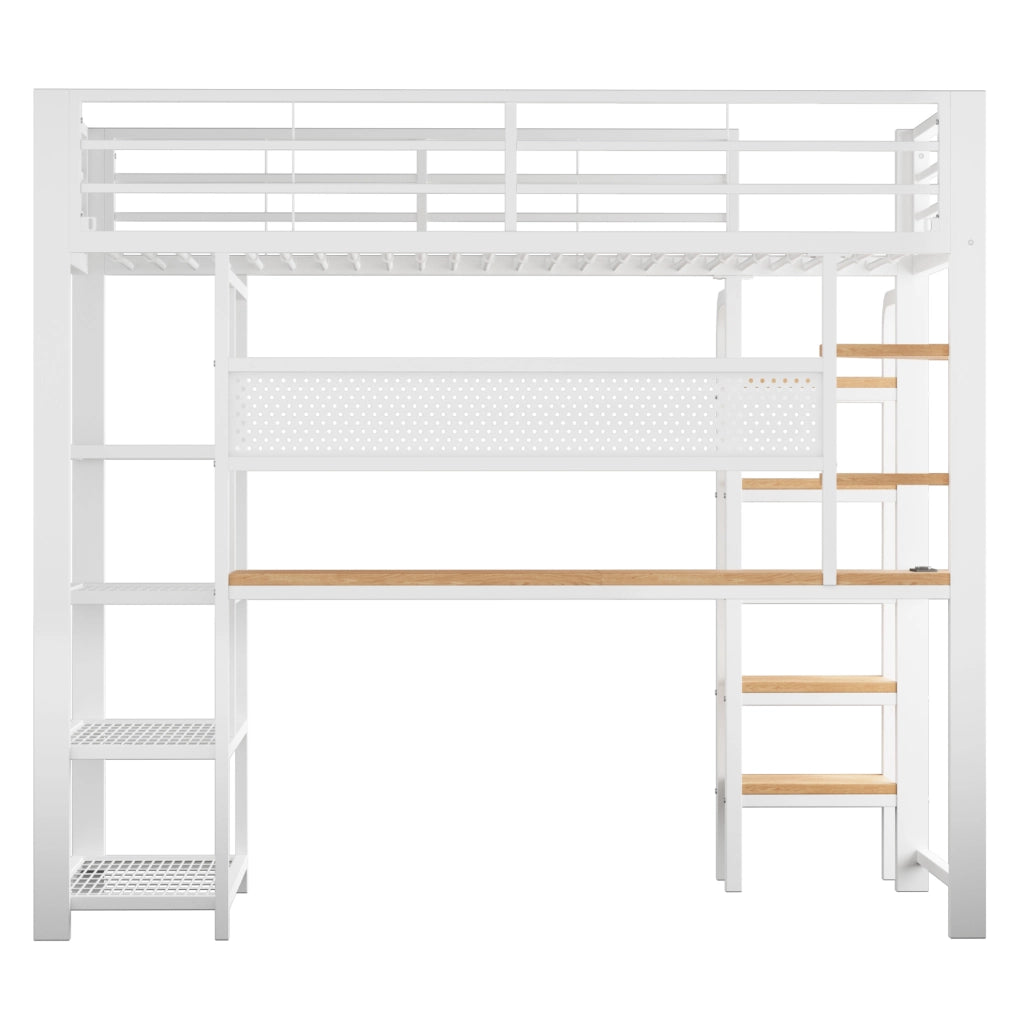 Letto a soppalco ULEVR 90x200 cm con scrivania, LED multicolore, prese integrate e ripiani, bianco