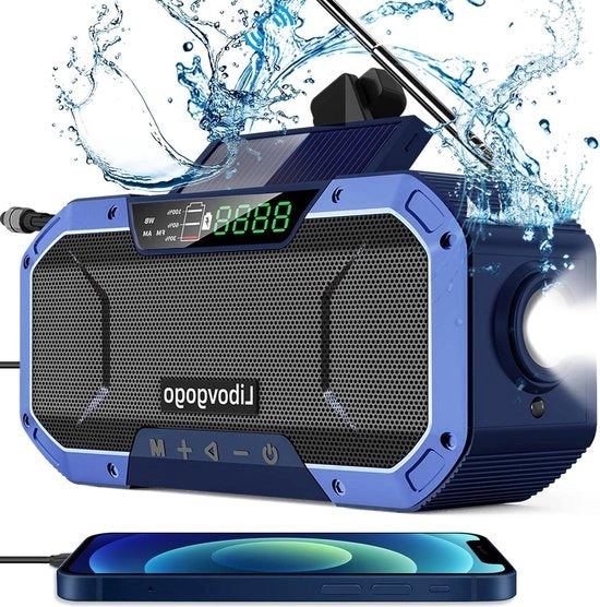 Radio a batteria - Energia solare - Ricevitore FM/AM portatile - Radio a manubrio - Torcia LED con lettore - Batteria ricaricabile - Resistente all'acqua IPX5 - Camping all'aperto - Radio a dinamo