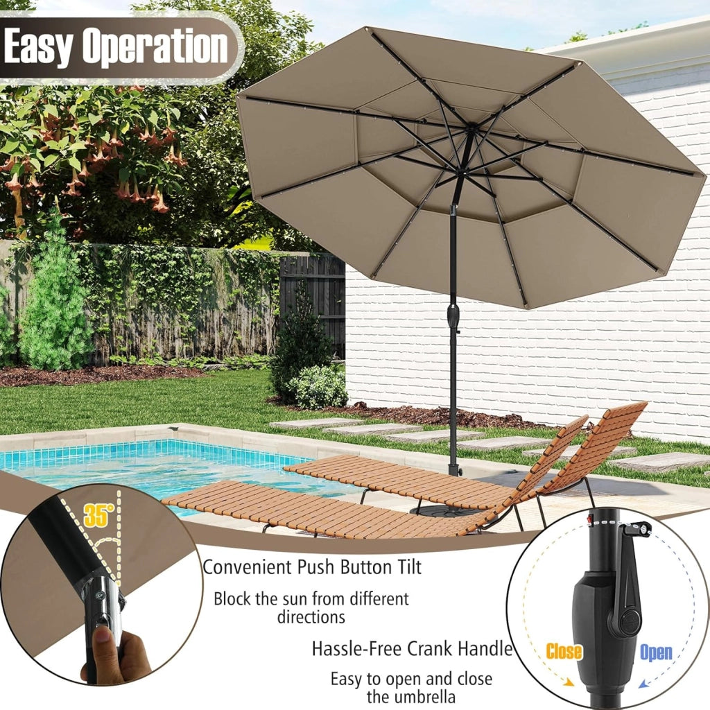 Ombrellone da Giardino con 32 Luci LED, Pannelli Solari e Manovella, Ombrellone Parasole da Patio 313cm Inclinabile con 8 Osse, per Balcone, Spiaggia, Piscina, Base Non Inclusa