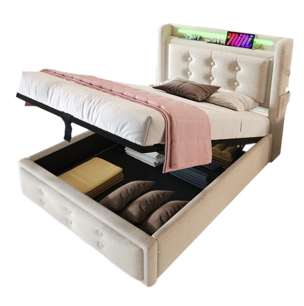 Letto matrimoniale 90x200 cm imbottito con testiera LED; prese e USB; beige in cotone-lino