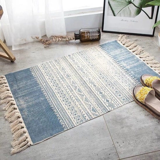 Tappeto in cotone 60x90cm Felpa boho per soggiorno cucina ingresso Coperta con spazzola - pietra azzurra