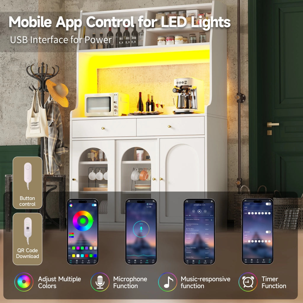 Credenza alta 120x40x180 cm con LED da app; ripiani regolabili e cassetti in MDF e PB bianco