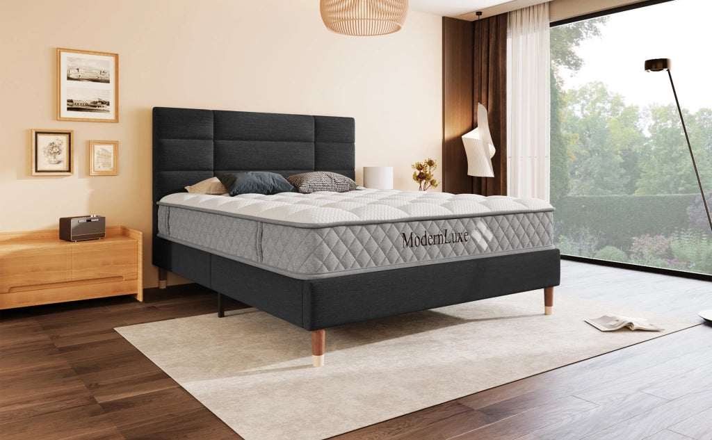 Letto matrimoniale 140x200 cm con materasso, testiera imbottita, rete a doghe, nero, effetto lino