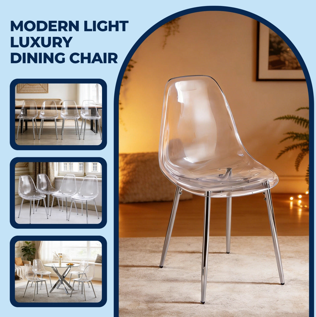 Set di 4 Sedie da Pranzo in Acrilico Trasparente con Gambe Argento Moderne