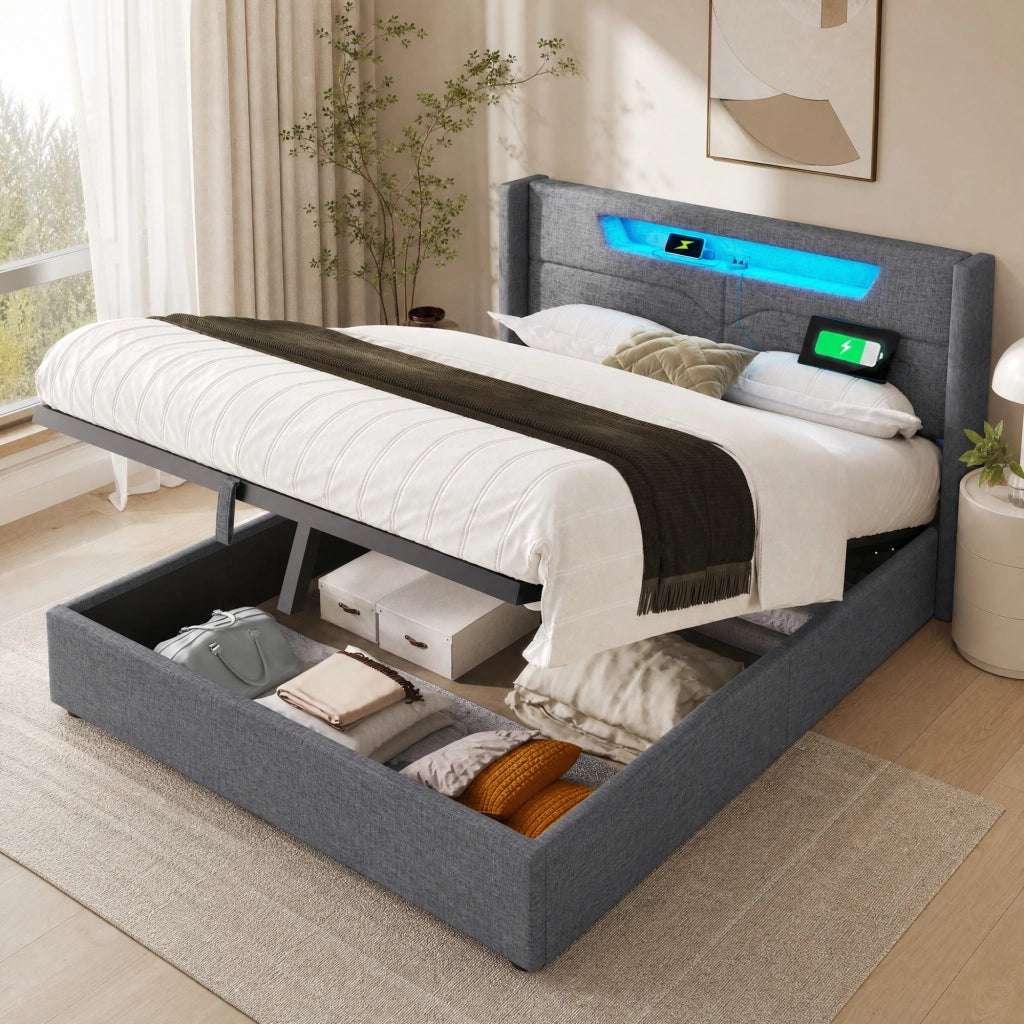 Letto matrimoniale contenitore 160x200 cm con LED; USB-C e rivestimento in lino grigio