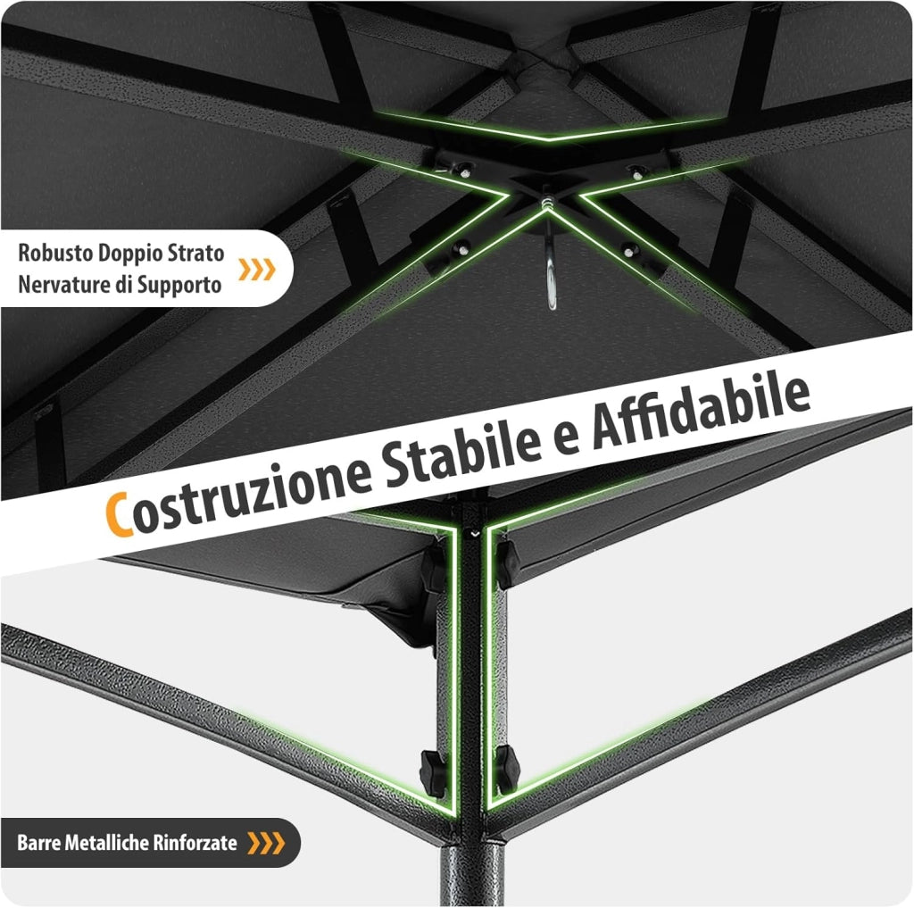 Gazebo per Barbecue 242 x 150 x 250 cm, Bazebo da Giardino per Griglia a Doppio Tetto con 2 Ripiani Laterali e 6 Ganci, Gazebo per BBQ da Giardino, Patio e Terazza, Grigio
