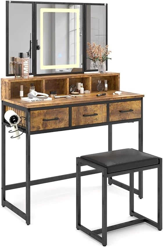Tavolo da toilette Fyrk, Rovere rustico, 90 cm con sgabello e specchio LED, con supporto integrato per asciugacapelli e illuminazione LED in 3 colori