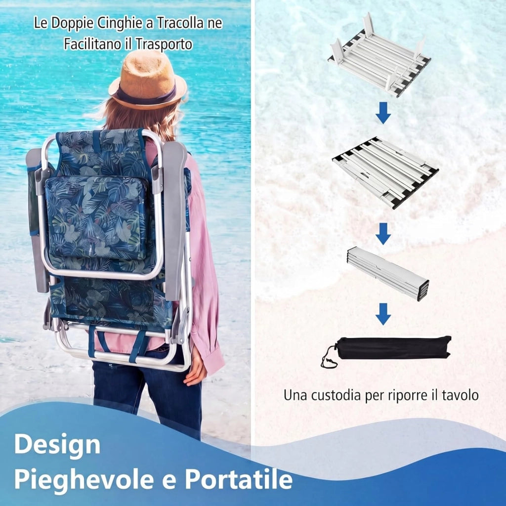 Set di 2 Sedie e Tavolino da Spiaggia Pieghevole, Schienale Regolabile a 5 Livelli, con Portatesta, Borsa Portaoggetti, Borsa Termica, per Campeggio Picnic Esterno (Blu Scuro, Modello 2)