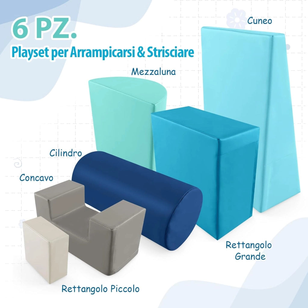 Set di 6 Blocchi per Bambini con Diverse Forme e Colori, Centro Attività Palestrina Giocattolo per Arrampicata e Strisciamento (Blu chiaro)