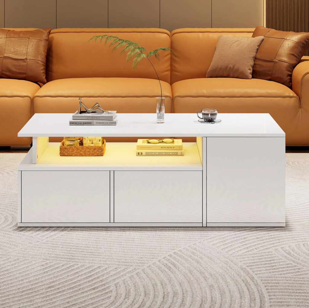 Tavolino da salotto bianco lucido 100 x 50 x 35 cm con LED; 2 cassetti e ripiani