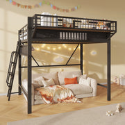Letto a soppalco 140x200 cm per 2 persone, letto alto con ripiani portaoggetti e spazio aperto sottostante, metallo nero
