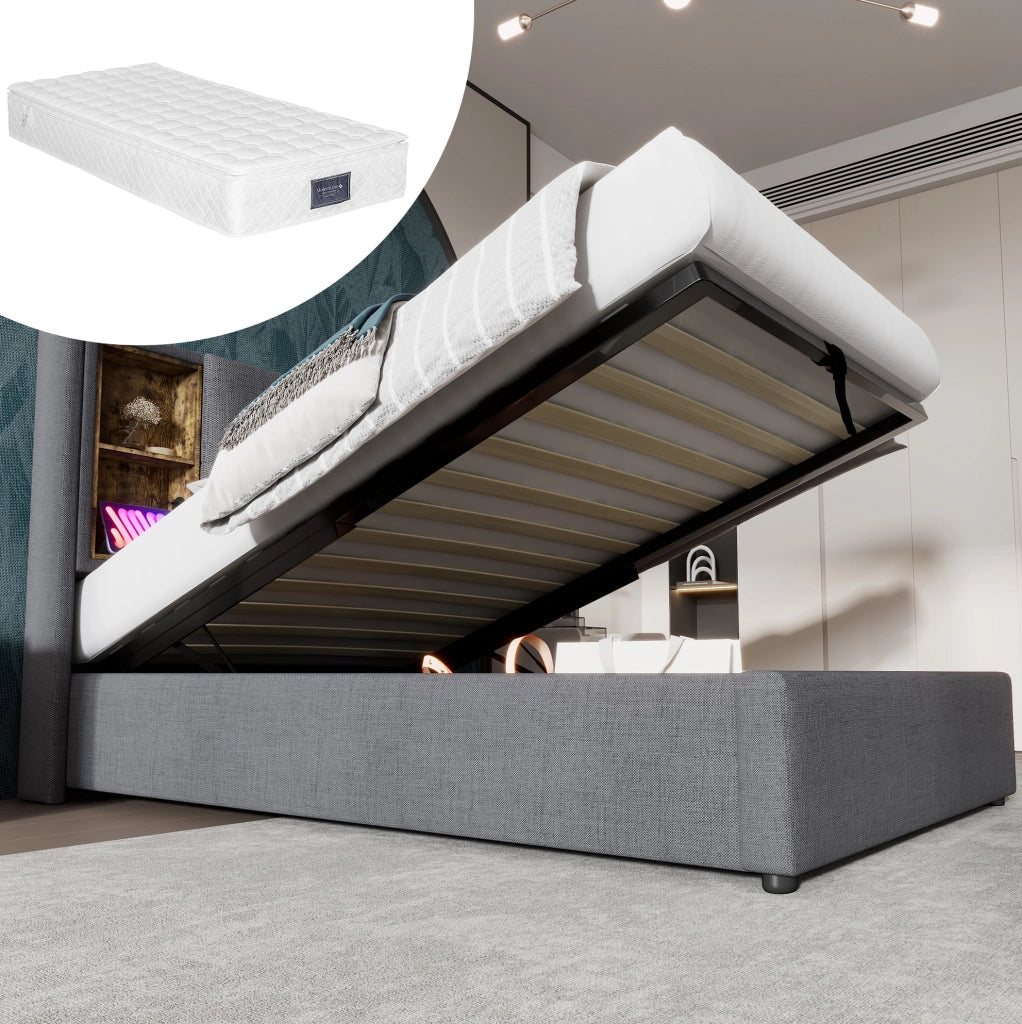 Letto imbottito 90x200 cm con ricarica wireless; USB e Type-C; contenitore; cotone grigio