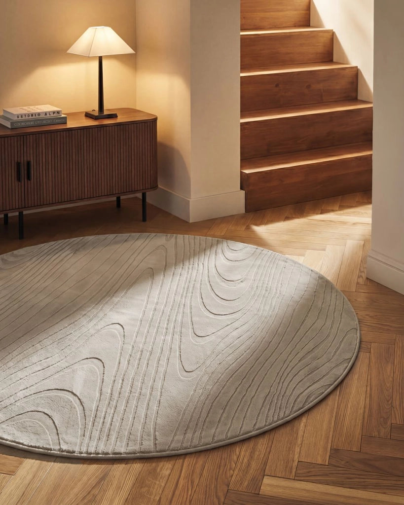 Tappeto in pelliccia sintetica di coniglio beige in poliestere, 160 cm rotondo morbido, a pelo lungo, motivo geometrico