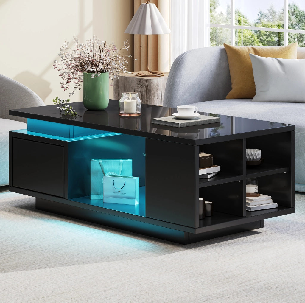 Tavolino da caffè con LED; cassetto e vani laterali; 100 x 50 x 36 cm; nero
