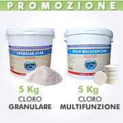 5Kg cloro granulare in polvere +5Kg cloro multifunzione pastiglie 200g
