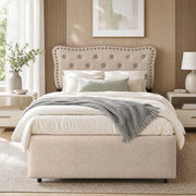 DESMIU Letto singolo 90 × 200 cm con 2 cassetti, testiera regolabile, senza materasso, in MDF e lino, beige