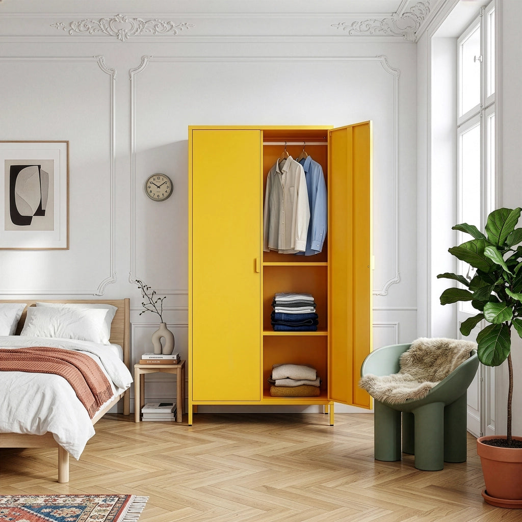Armadio Guradaroba Esteli in Acciaio a 2 Ante con 2 Barre Appendiabiti e 4 Ripiani 170 x 80 x 45 cm - Giallo [en.casa]