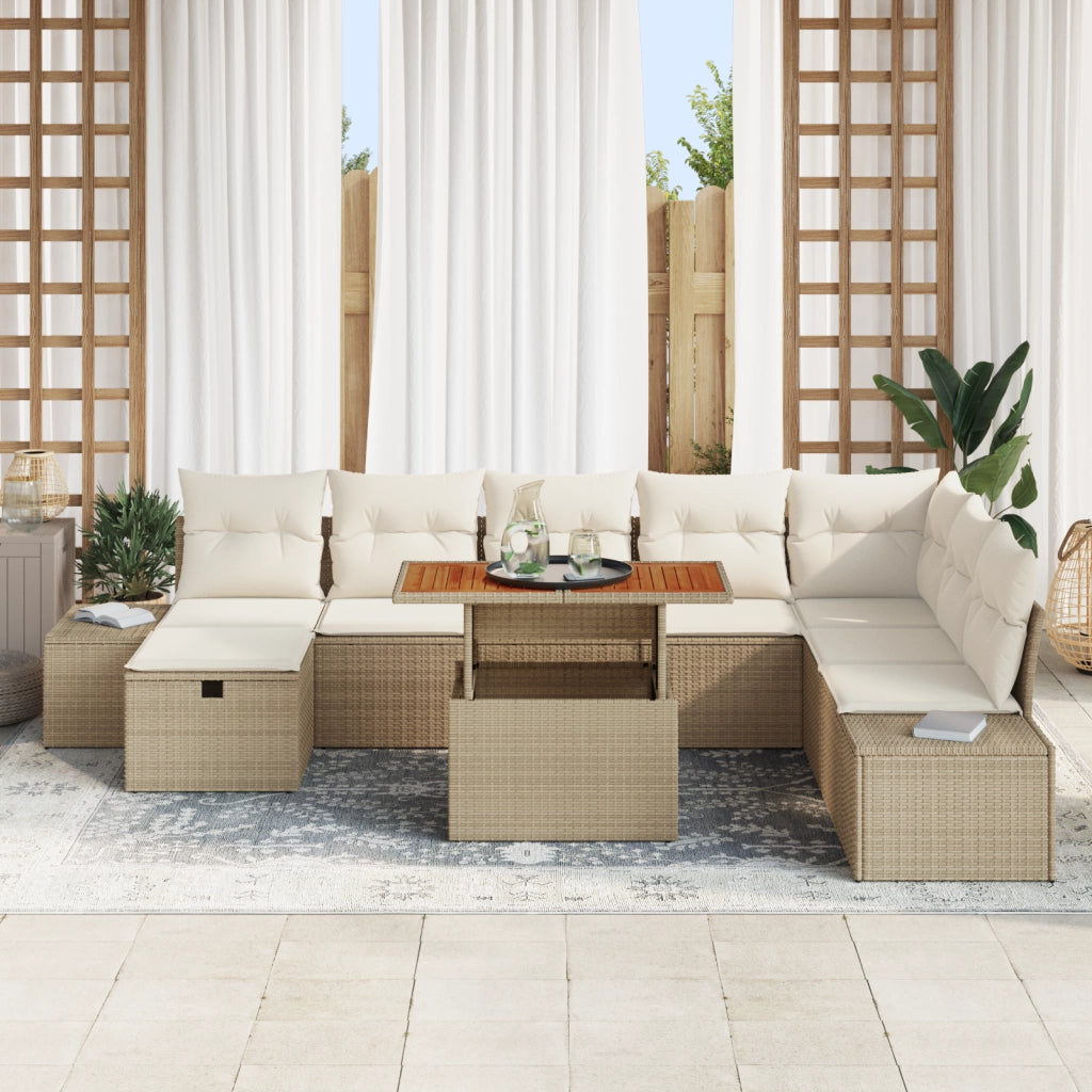 Set da Pranzo da Giardino 9 Pezzi con Cuscini Beige Polyrattan Acacia
