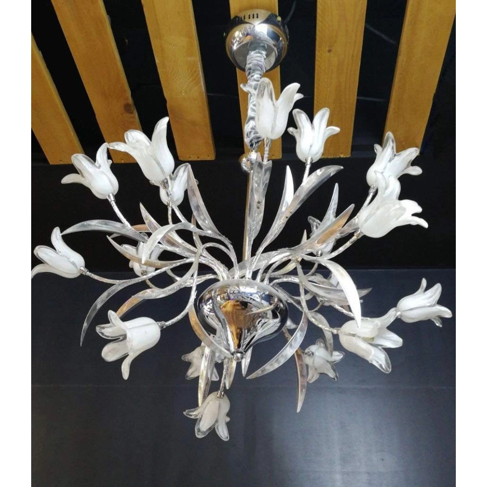 Trade Shop - Lampadario Lampada Pendente Fiori Bianco Acciaio Vetro Luce Led Sospensione Soffitto -