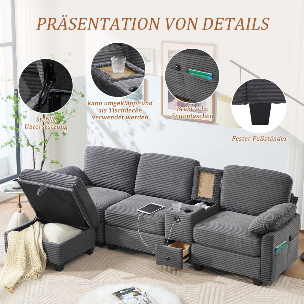 Divano con memory foam console scorrevole USB-C tasche laterali e pouf contenitore in velluto a coste grigio scuro