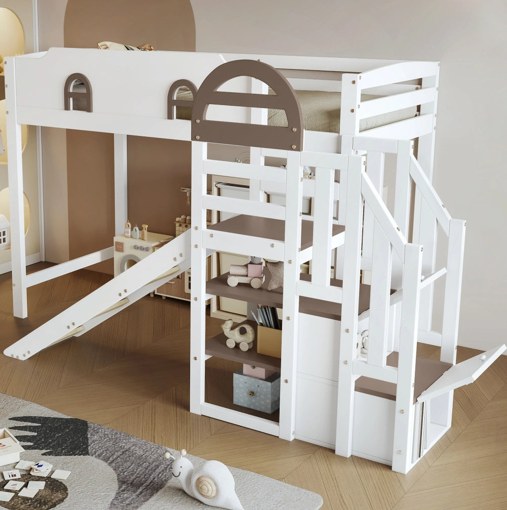 Letto a castello 90x200 cm con scivolo e scala contenitore in legno e MDF bianco