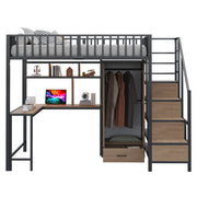 Letto a Soppalco 140x200 cm con Scrivania; Armadio; Ripiani; LED e Presa - Nero