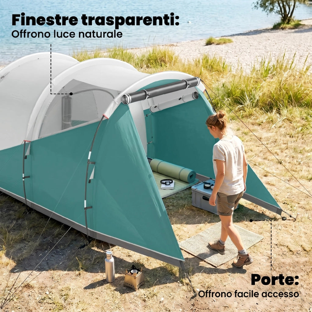 Tenda da Campeggio Tunnel 3 Posti ¨C Xylo ¨C Impermeabile 460x260x190 cm Verde con Borsa
