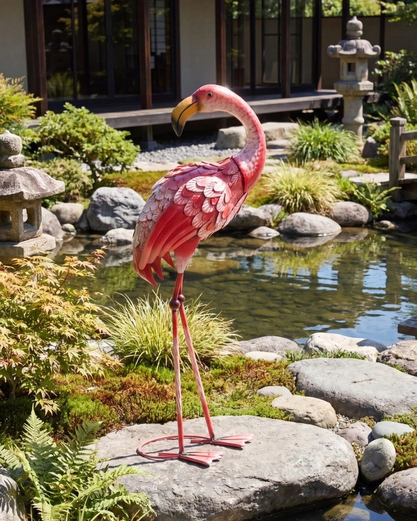 Statua da giardino in ferro rosa, scultura di un animale in piedi a grandezza naturale, realizzata a mano
