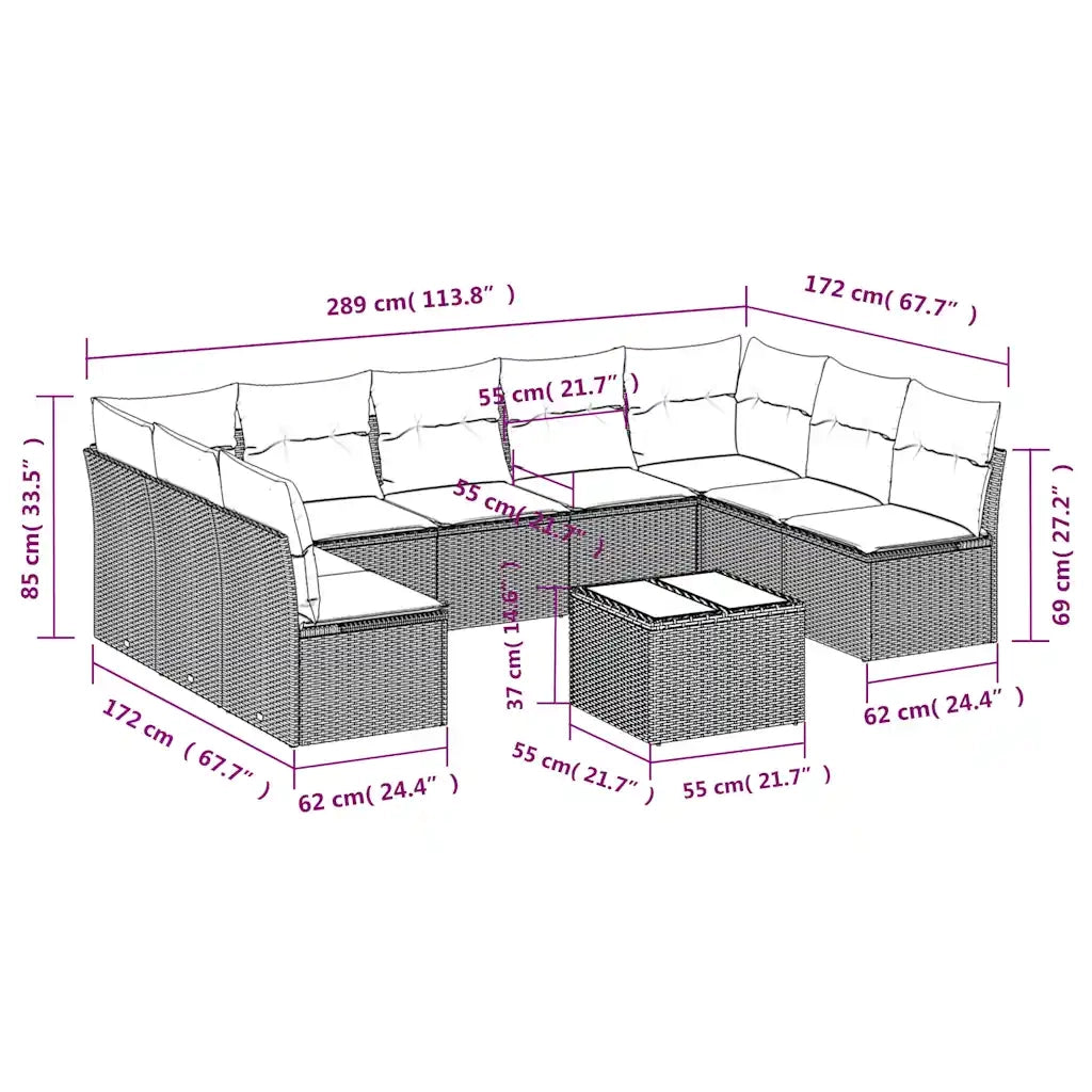 Set Divani da Giardino 10pz con Cuscini in Polyrattan Marrone