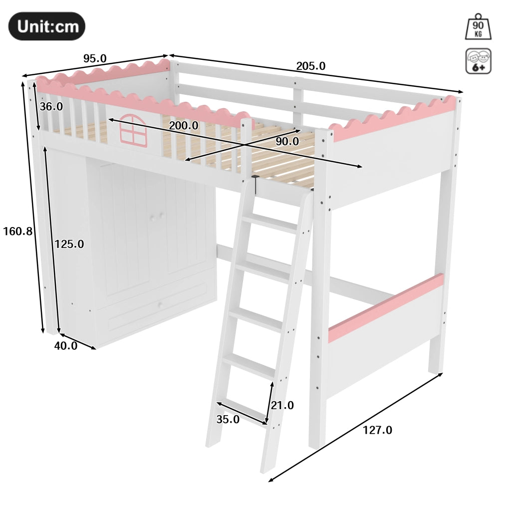 LETTO A CASTELLO 90x200 cm in pino bianco con LED, armadio e cassetti