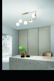 PLAFONIERA MONILE ORO 5 LUCI ATTACCO E14 CON SFERE OPALI  BIANCHE L.85CM