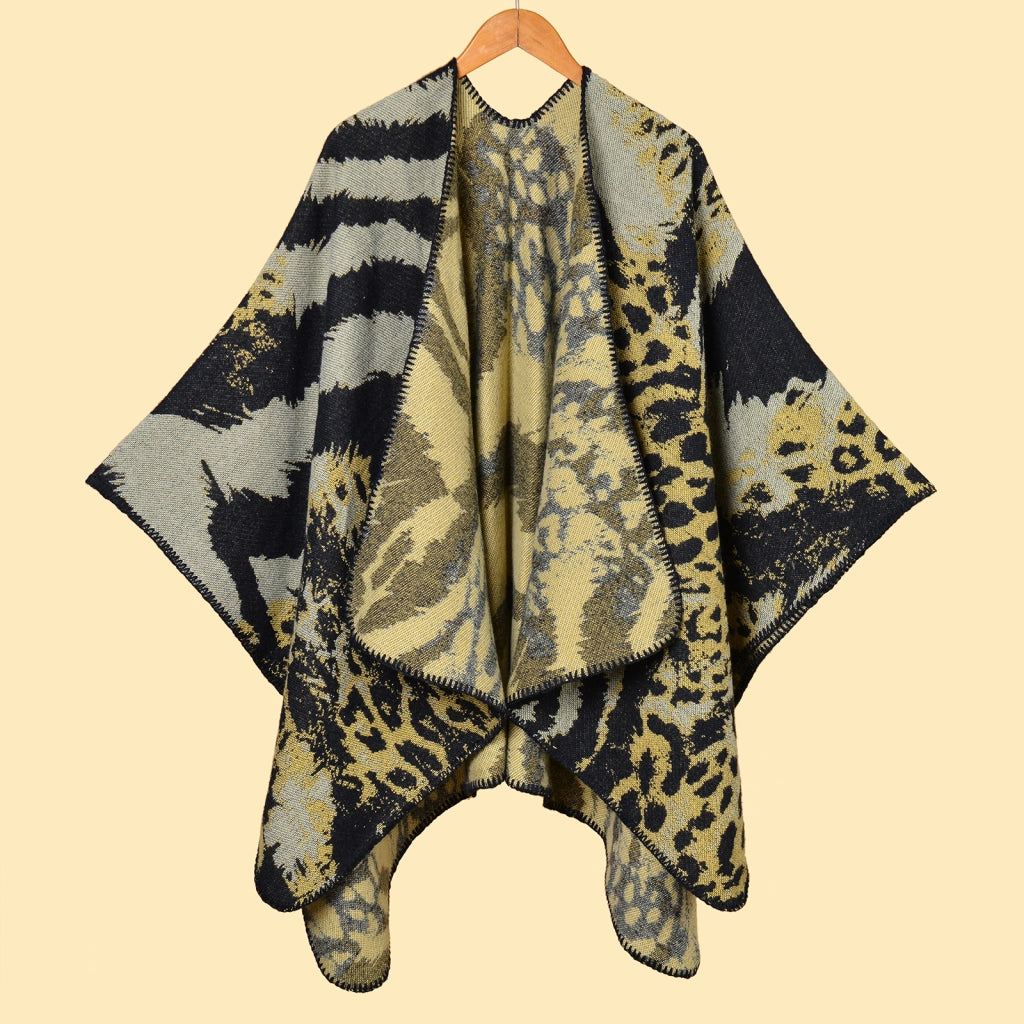 Sciarpa/mantella calda da donna in jacquard con spacco laterale, scialle classico con stampa animalier, ideale per le passerelle.