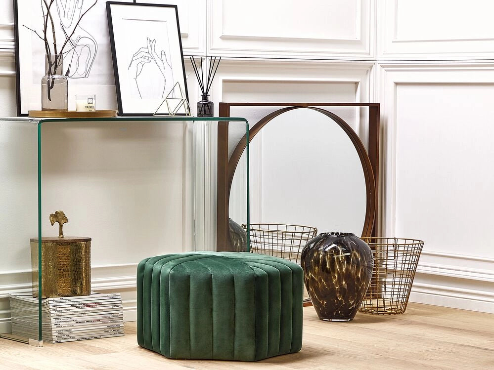 Pouf Velluto Verde 29 x 53 x 48 cm Poggiapiedi Esagonale Imbottito Glamour