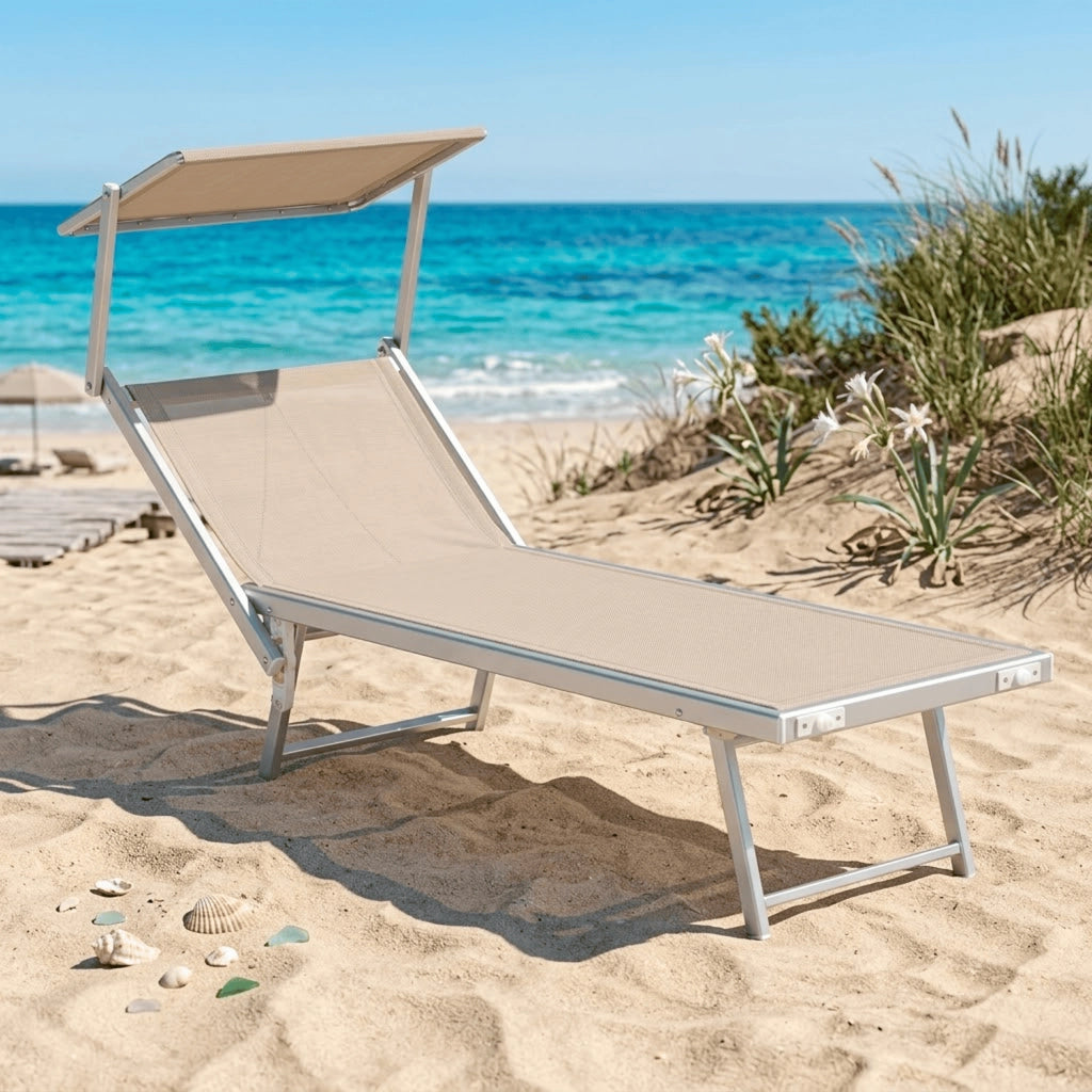 Lettino Prendisole Pieghevole Professionale In Alluminio E Tessuto Textilene Tettuccio Orientabile Tettino Parasole Sdraio Prendi Sole Mare Spiaggia Piscina Giardino 182 x 60 x 38 cm Beige