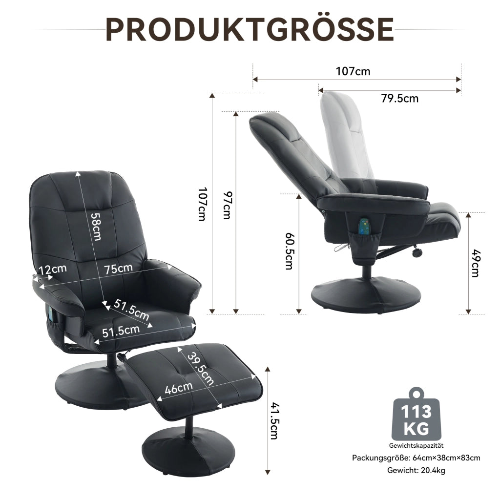 Poltrona Massaggiante Reclinabile con Poggiapiedi ¨C MINIMAL ¨C Similpelle Nera, Girevole 360¡ã