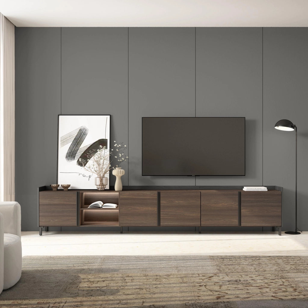 Mobile TV Soggiorno, 309x61x35 cm, Per TV fino a 80", Design industriale, LED, Rovere scuro e Nero
