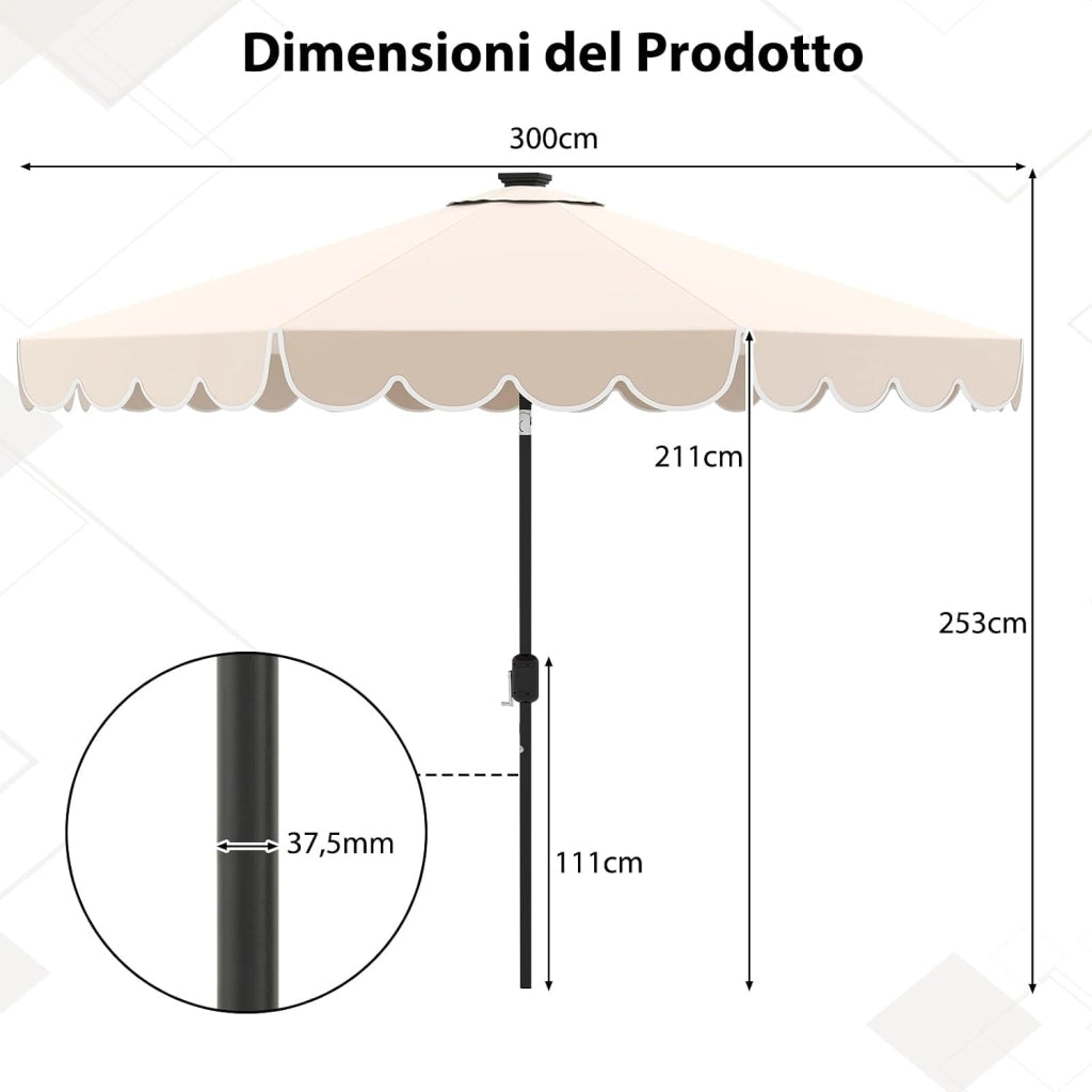 Ombrellone da Giardino 300 cm, con 24 Luci LED Solari, Inclinazione Regolabile, Manovella, 8 Stecche, Anti-UV, Top Ventilato, Idrorepellente, Giardino Piscina Patio (Beige)