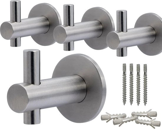 4 haken per parete, attrezzi per abbigliamento, hanger per asciugamano, reale acciaio inox, non ossidabile, appendiabiti, bagno, asciugamani per parete, inclusa attrezzatura di fissaggio, moderno, rotondo, altezza: 40 mm