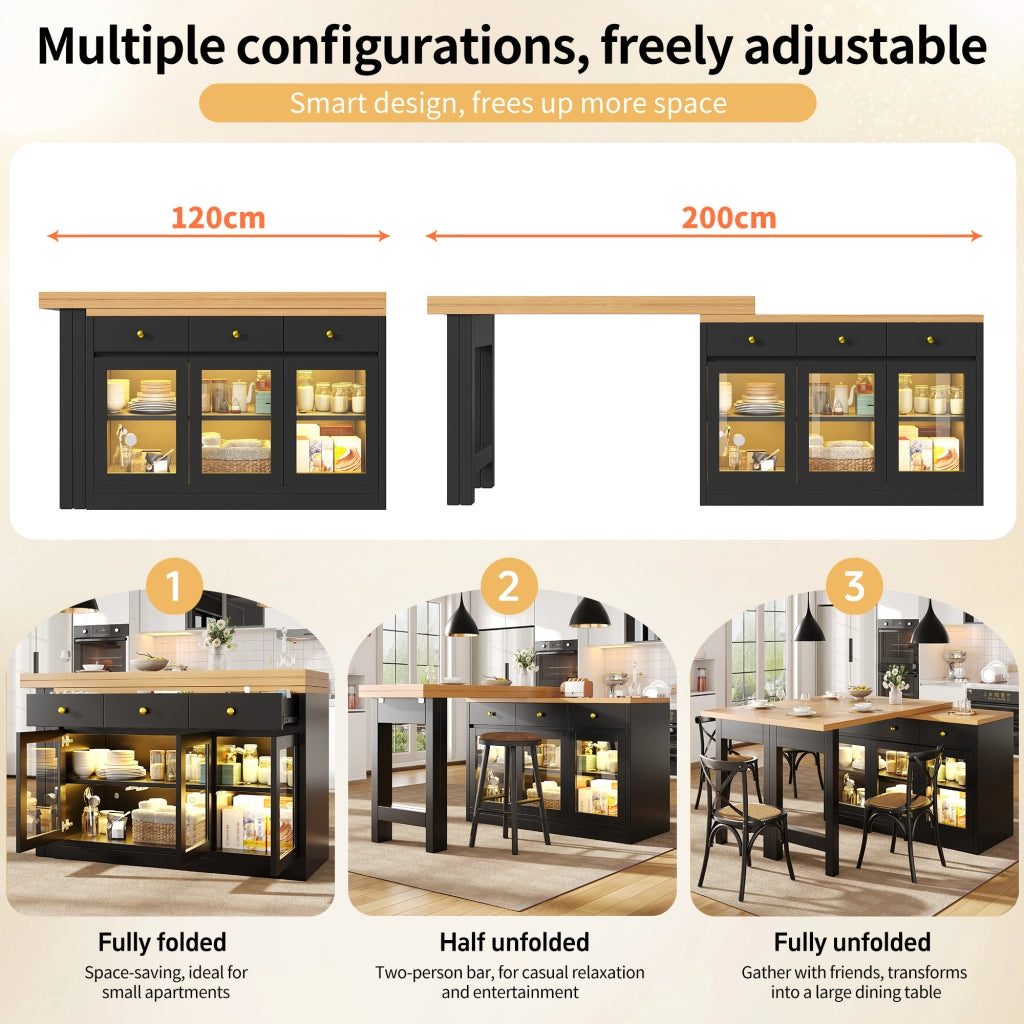 Isola da cucina, tavolo allungabile, illuminazione a LED, 3 cassetti, ante in vetro, nero