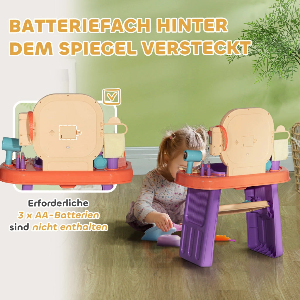 Tavolo trucco bambini con LED, specchio e rubinetto ¨C zephmum ¨C lilla 55x29x71