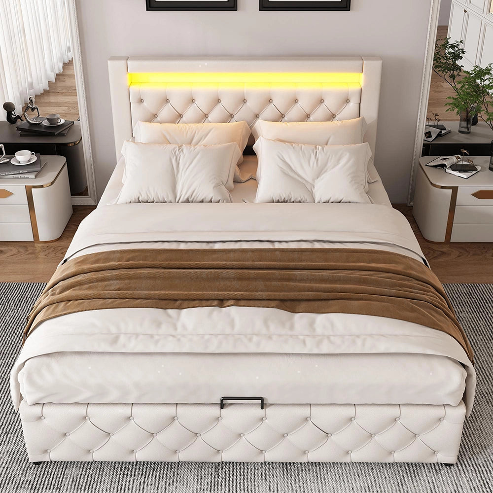 Letto imbottito 140x190 cm - Xylo - Bianco, struttura a doghe, spazio di archiviazione idraulico, illuminazione LED, materiale PU