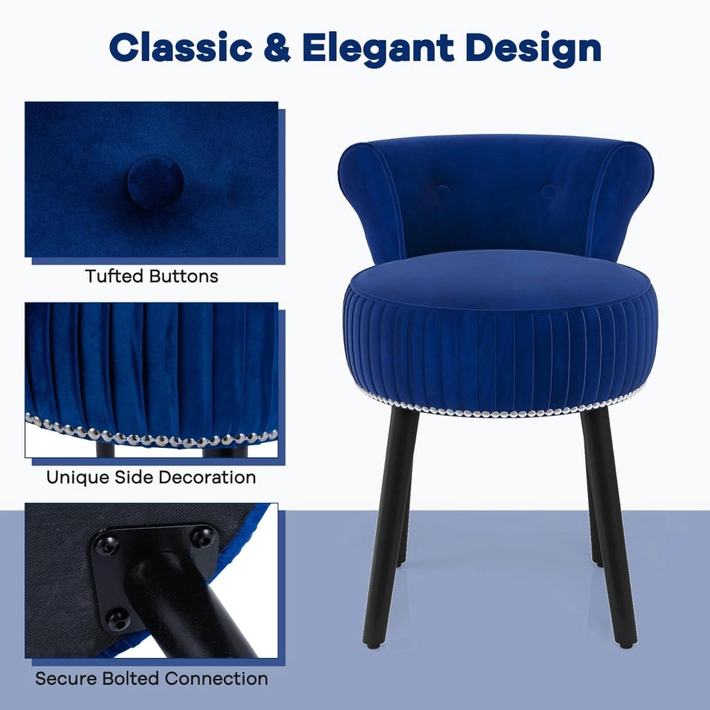 Sedia per toeletta, sgabello da trucco con schienale, sedia imbottita in velluto con gambe in legno di gomma, moderna poltrona senza braccioli, per camera da letto, spogliatoio, soggiorno (blu