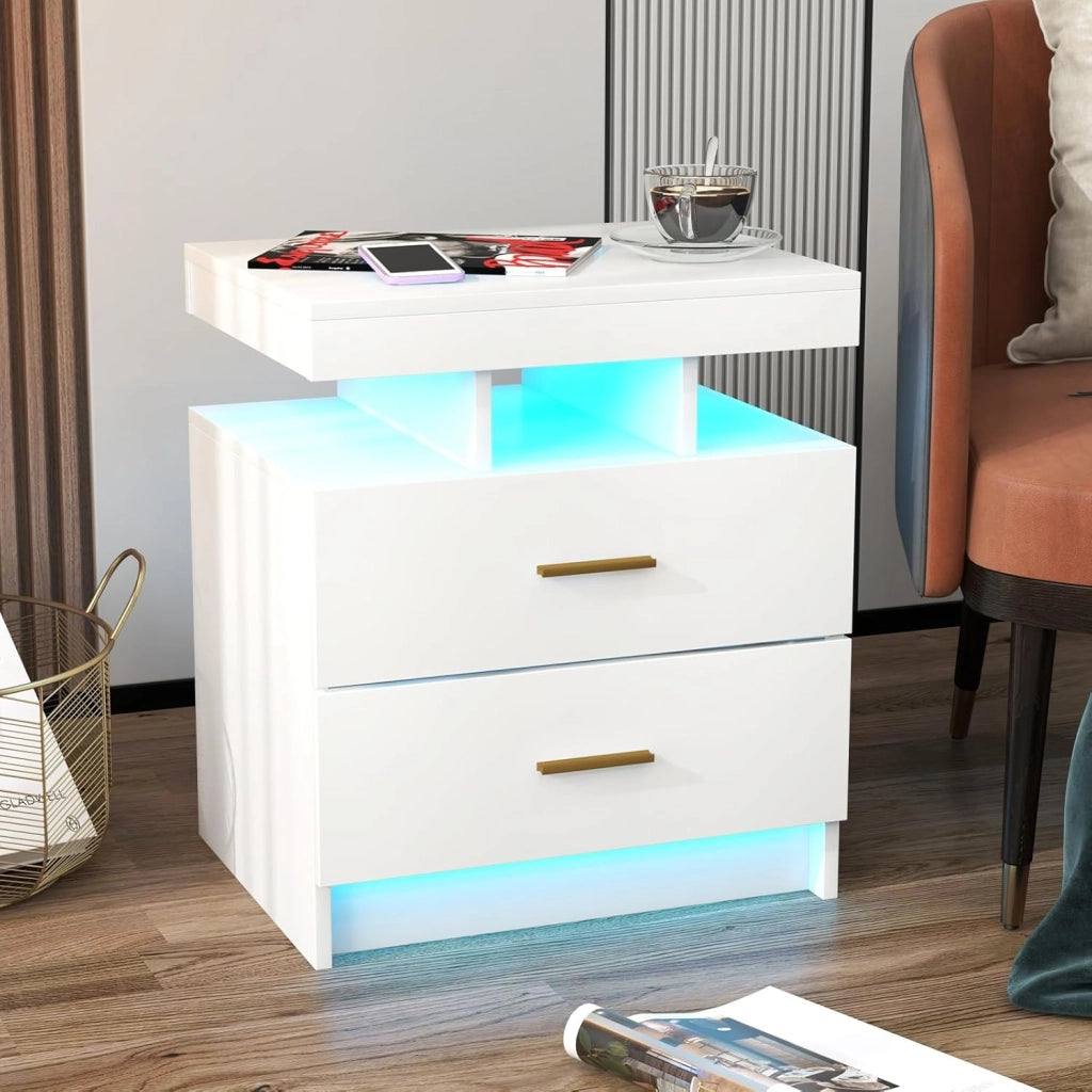 Comodino con Luci LED 50x40x58cm, Tavolino Camera da Letto Moderno con 2 Cassetti, Mobile Cameratta con Telecomando per Soggiorno e Ufficio (Bianco)