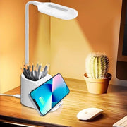 Lampada da scrivania LED senza riflessi con 3 colori e protezione per gli occhi, con portacenere e supporto per smartphone - ricarica wireless
